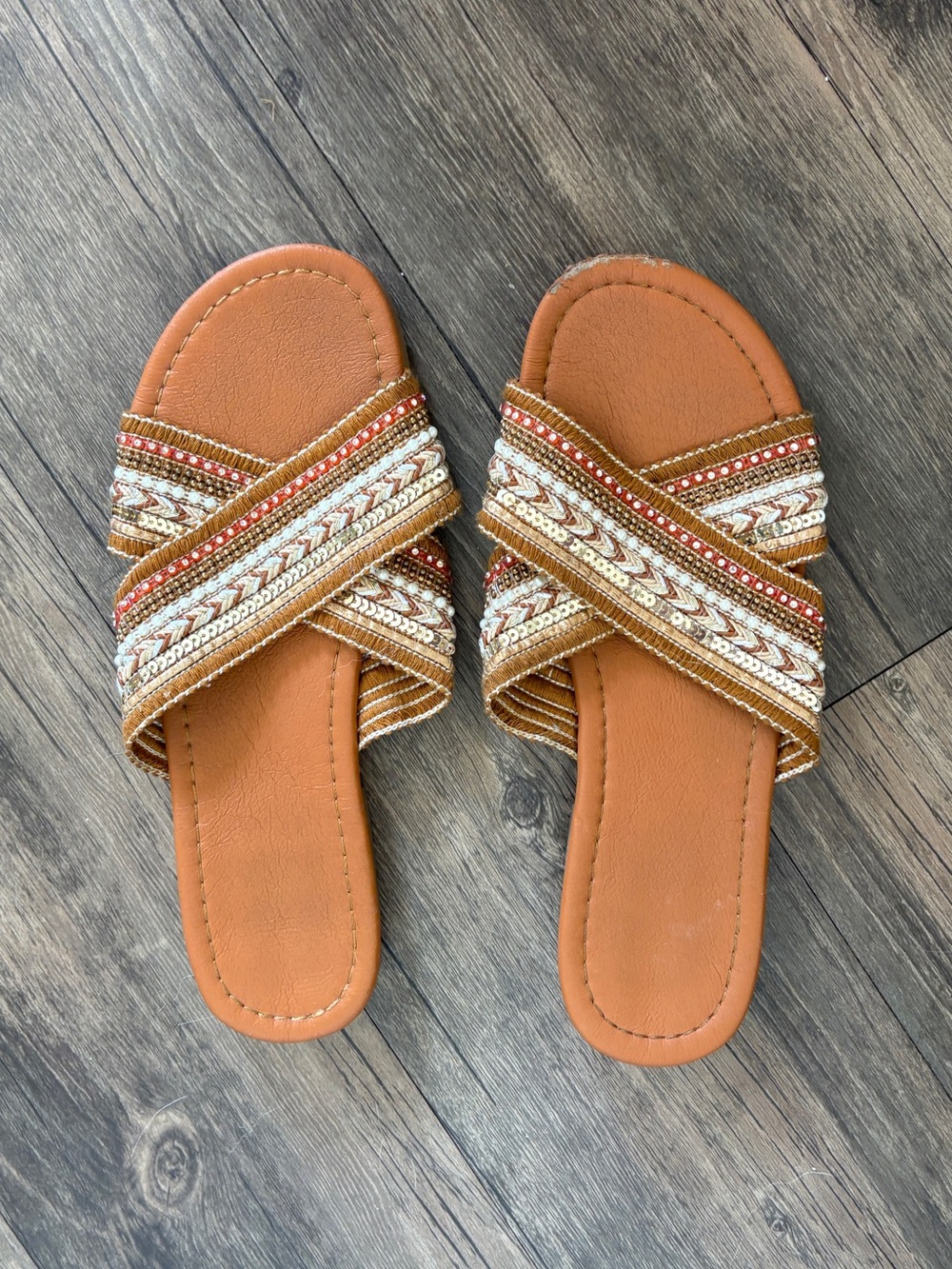 Embellished Tan Slide Sandals - Women's Casual Slip-Ons